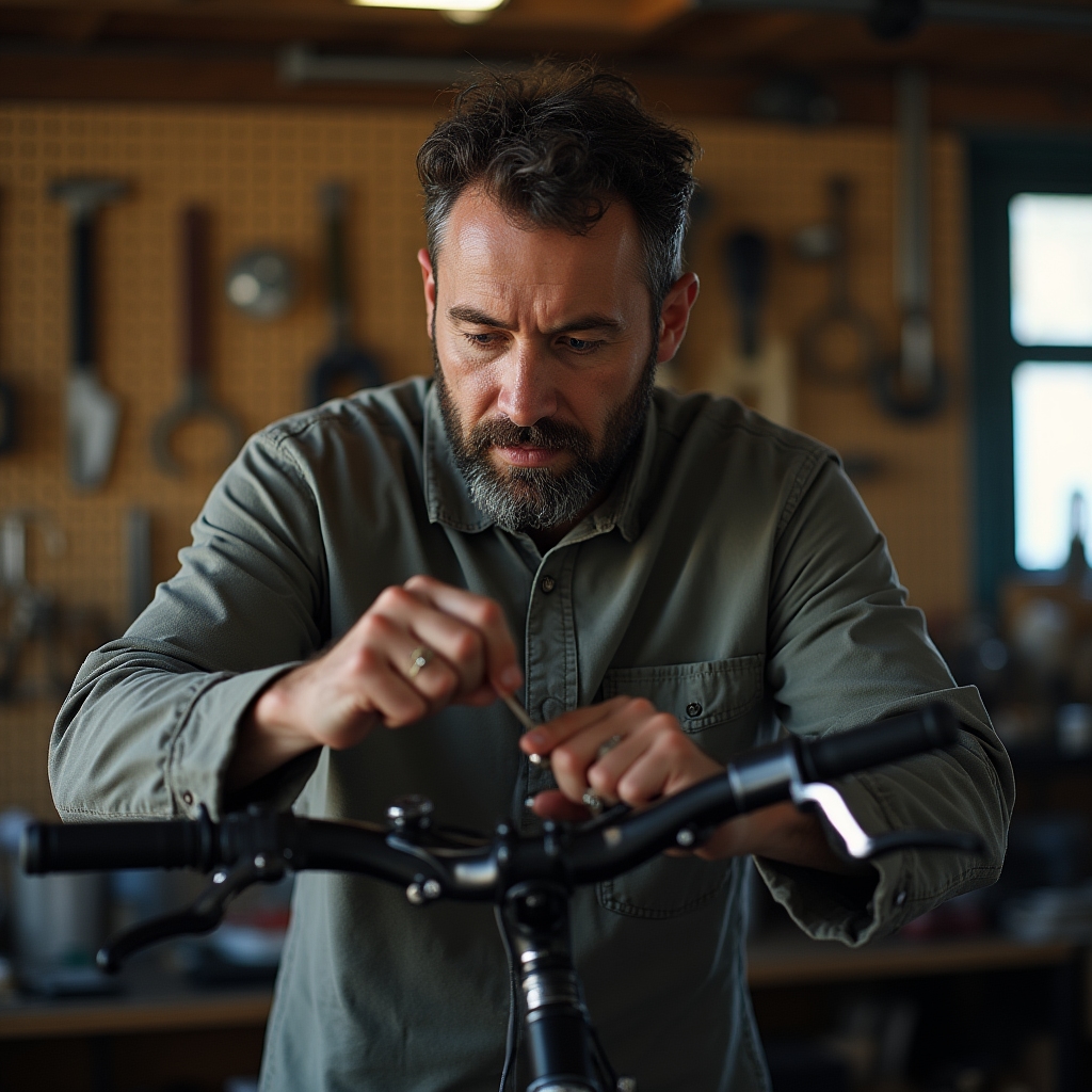 Reglare frâne bicicletă în atelier improvizat acasă