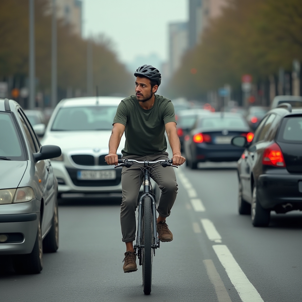 Biciclist confuz în traficul aglomerat al orașului