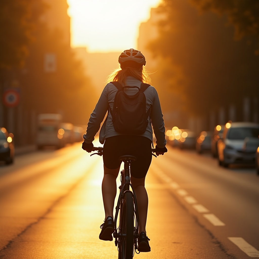 Biciclist în deplasare matinală prin oraș, lumina dimineții